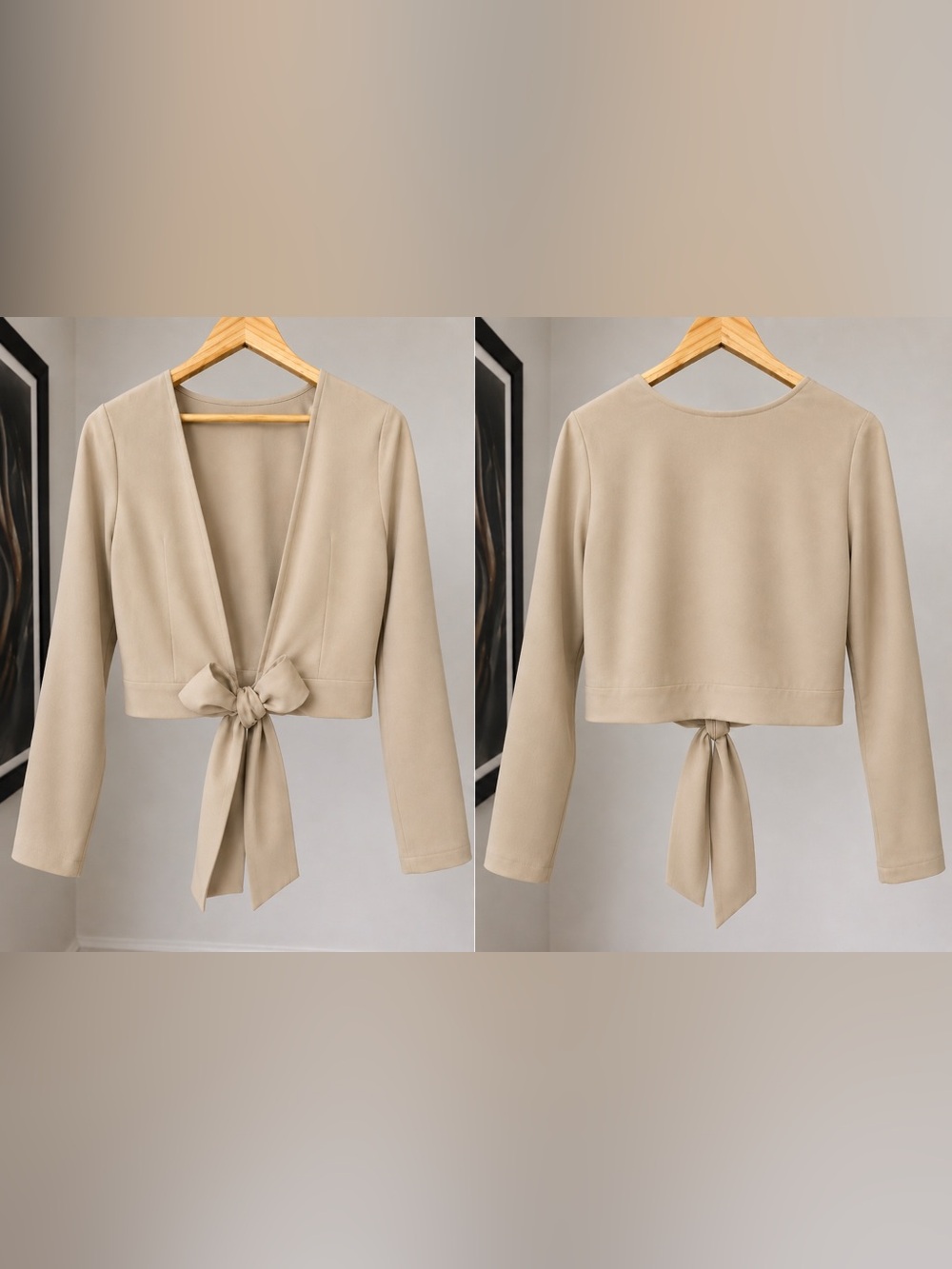 Forever 21 Open Back Tie Crop Top Beige Long Sleeve Size S